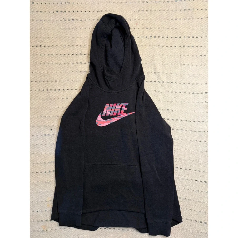 Nike Girls Black Camo Logo Pullover Hoodie Size Large L Pink Orange Swoosh